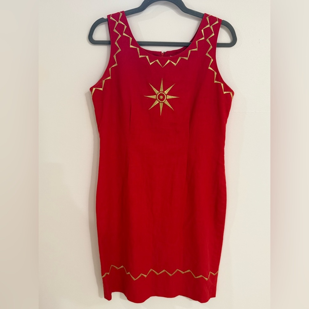 Vintage Adam Douglass Red and Gold Embroidered Dress - Made in Hong Kong